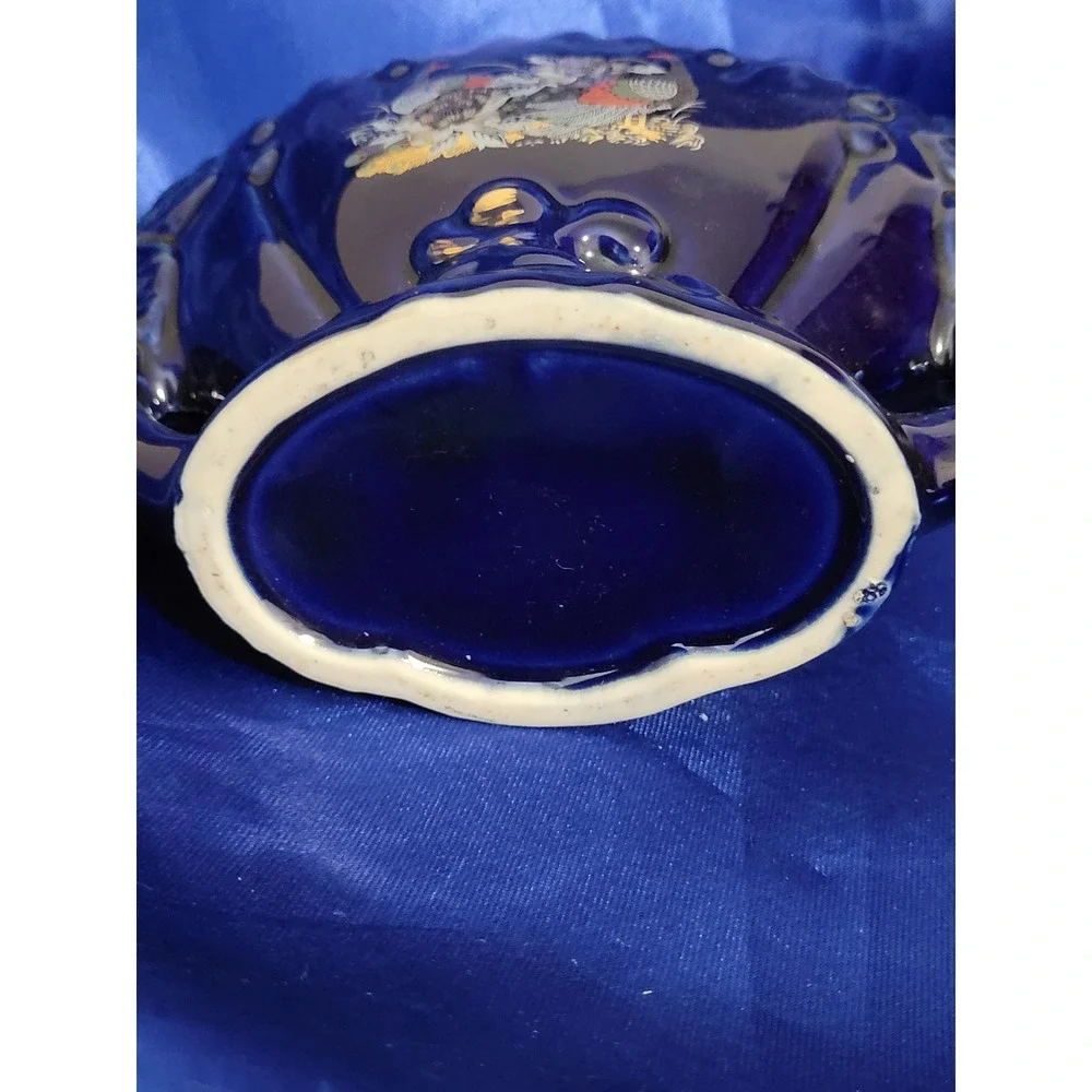 Porcelain Decorative Bowl Cobalt Blue with Hand-painted Gold Trim and Birds